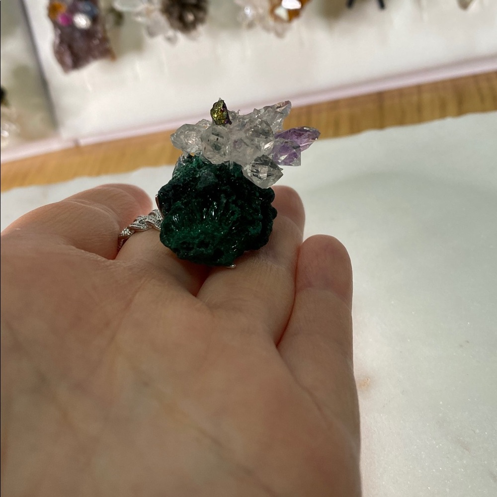 Malachite & Amethyst Statement Ring | Raw Quartz & Pyrite - Picture 6 of 8